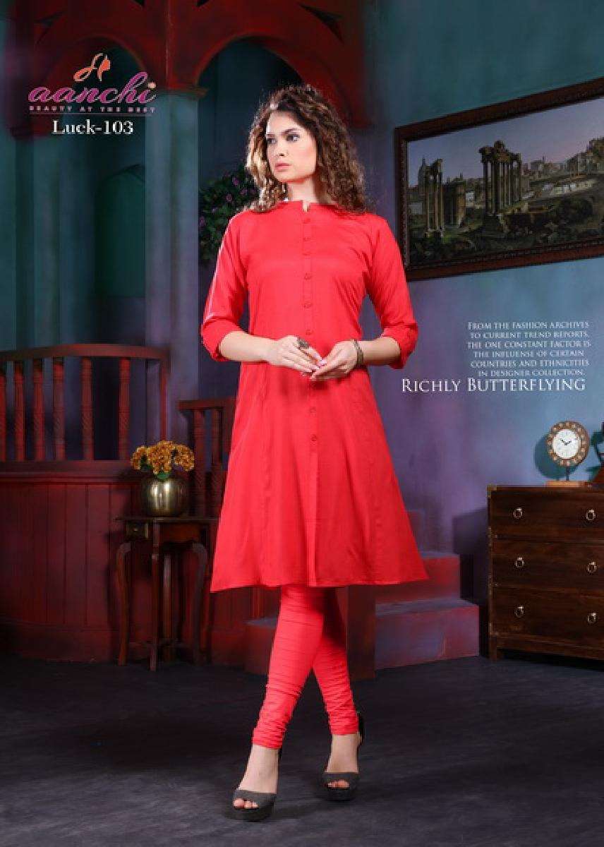 LUCK BY AANCHI 101 TO 108 SERIES BEAUTIFUL STYLISH FANCY COLORFUL CASUAL WEAR & ETHNIC WEAR RAYON SLUB KURTIS AT WHOLESALE PRICE