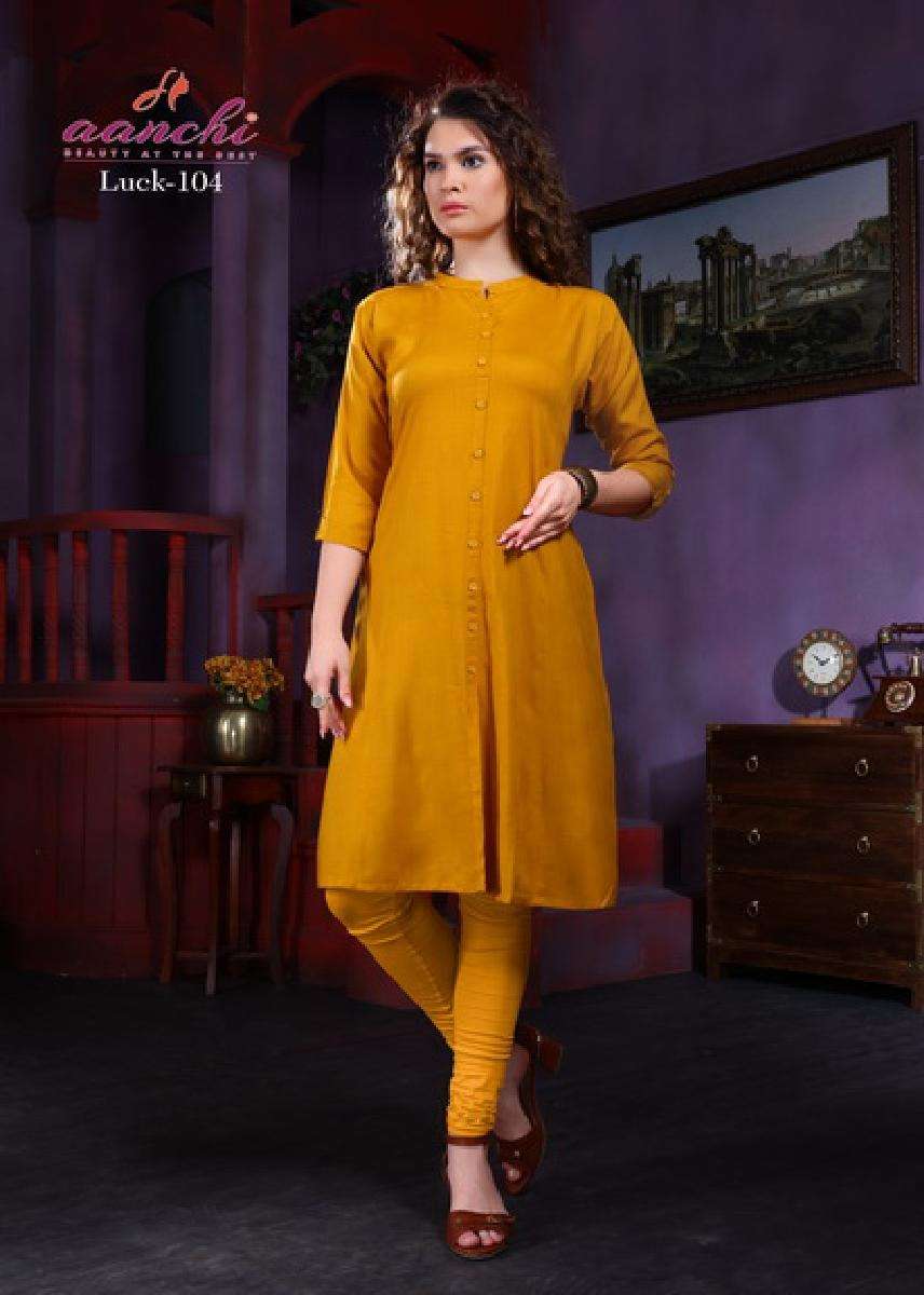 LUCK BY AANCHI 101 TO 108 SERIES BEAUTIFUL STYLISH FANCY COLORFUL CASUAL WEAR & ETHNIC WEAR RAYON SLUB KURTIS AT WHOLESALE PRICE