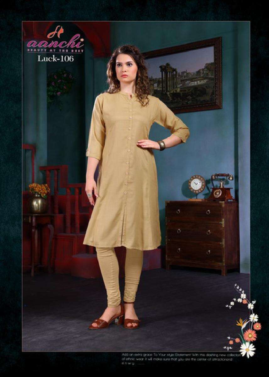 LUCK BY AANCHI 101 TO 108 SERIES BEAUTIFUL STYLISH FANCY COLORFUL CASUAL WEAR & ETHNIC WEAR RAYON SLUB KURTIS AT WHOLESALE PRICE