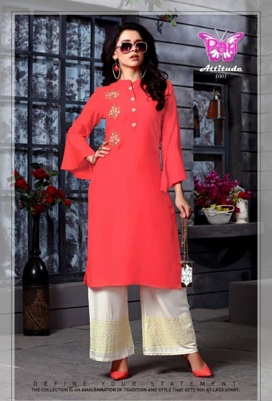 ATTITUDE BY PARI 1001 TO 1008 SERIES BEAUTIFUL STYLISH FANCY COLORFUL CASUAL WEAR & ETHNIC WEAR MUSLIN PLAIN HANDWORK KURTIS AT WHOLESALE PRICE