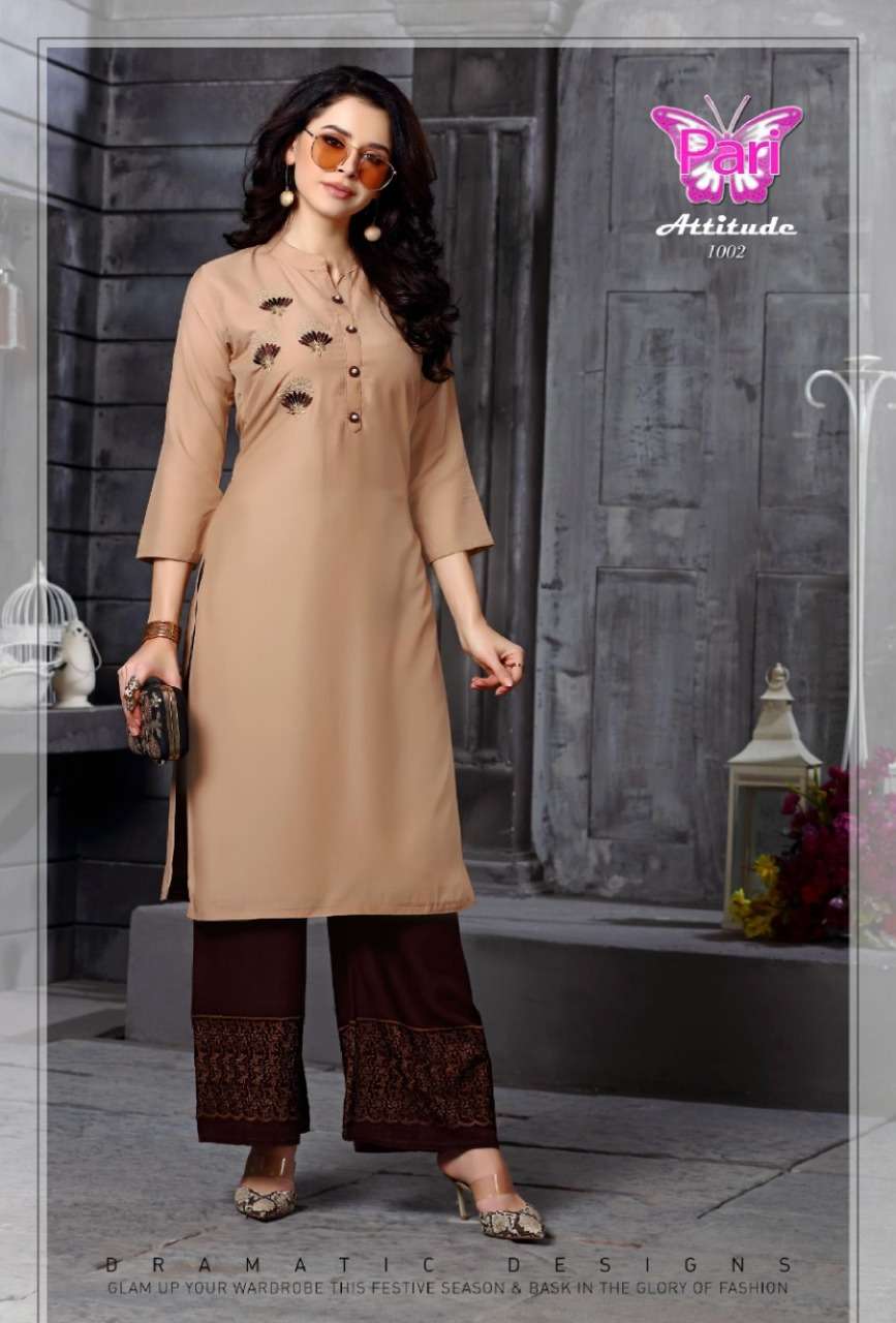 ATTITUDE BY PARI 1001 TO 1008 SERIES BEAUTIFUL STYLISH FANCY COLORFUL CASUAL WEAR & ETHNIC WEAR MUSLIN PLAIN HANDWORK KURTIS AT WHOLESALE PRICE
