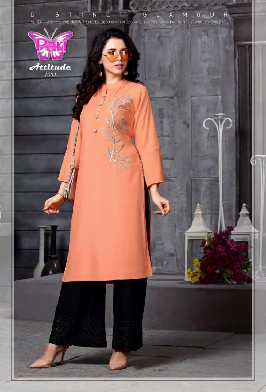 ATTITUDE BY PARI 1001 TO 1008 SERIES BEAUTIFUL STYLISH FANCY COLORFUL CASUAL WEAR & ETHNIC WEAR MUSLIN PLAIN HANDWORK KURTIS AT WHOLESALE PRICE