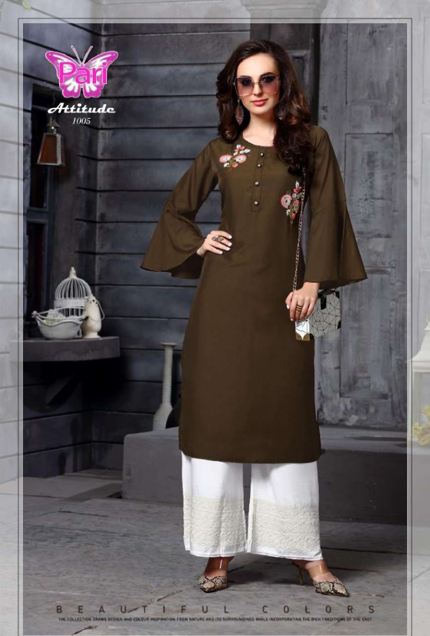 ATTITUDE BY PARI 1001 TO 1008 SERIES BEAUTIFUL STYLISH FANCY COLORFUL CASUAL WEAR & ETHNIC WEAR MUSLIN PLAIN HANDWORK KURTIS AT WHOLESALE PRICE