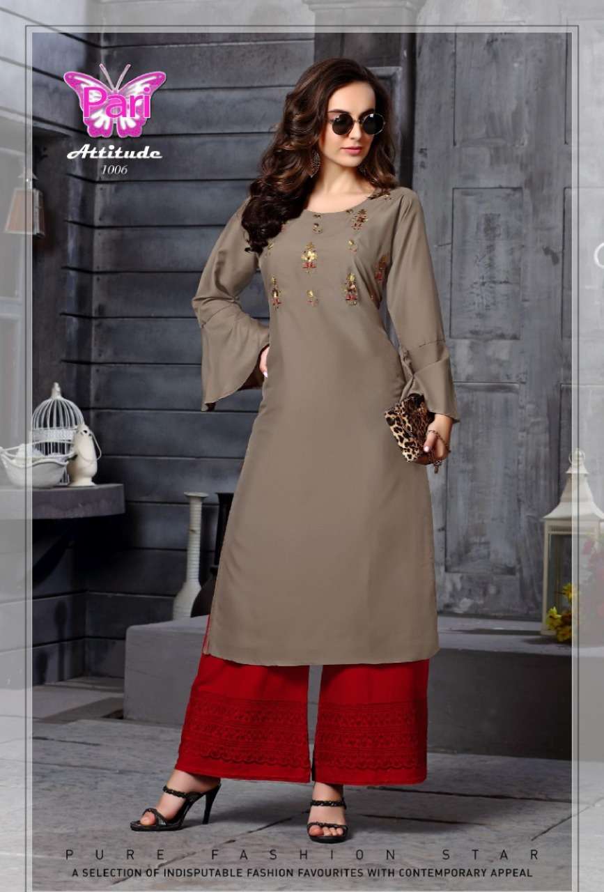 ATTITUDE BY PARI 1001 TO 1008 SERIES BEAUTIFUL STYLISH FANCY COLORFUL CASUAL WEAR & ETHNIC WEAR MUSLIN PLAIN HANDWORK KURTIS AT WHOLESALE PRICE