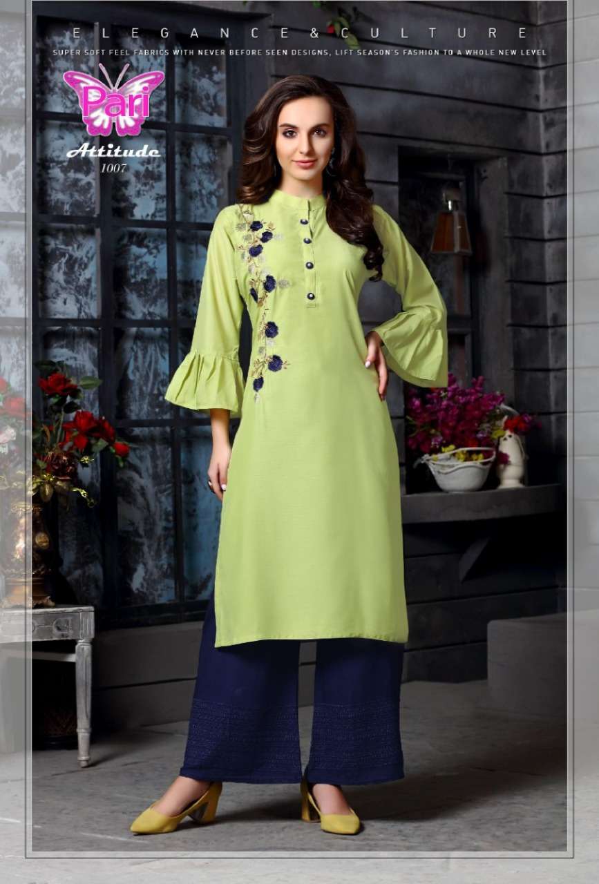 ATTITUDE BY PARI 1001 TO 1008 SERIES BEAUTIFUL STYLISH FANCY COLORFUL CASUAL WEAR & ETHNIC WEAR MUSLIN PLAIN HANDWORK KURTIS AT WHOLESALE PRICE
