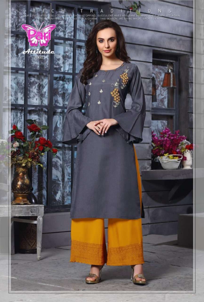 ATTITUDE BY PARI 1001 TO 1008 SERIES BEAUTIFUL STYLISH FANCY COLORFUL CASUAL WEAR & ETHNIC WEAR MUSLIN PLAIN HANDWORK KURTIS AT WHOLESALE PRICE