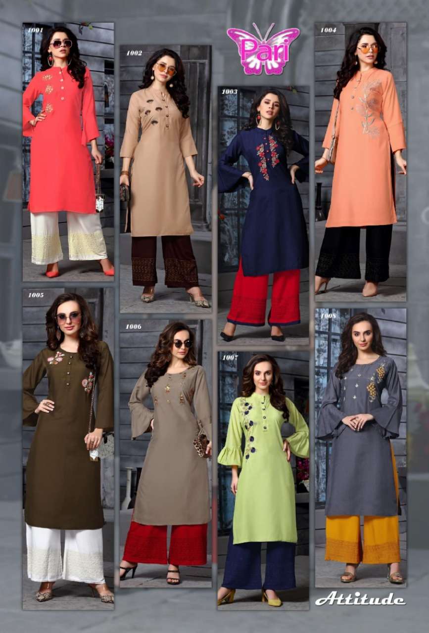 ATTITUDE BY PARI 1001 TO 1008 SERIES BEAUTIFUL STYLISH FANCY COLORFUL CASUAL WEAR & ETHNIC WEAR MUSLIN PLAIN HANDWORK KURTIS AT WHOLESALE PRICE