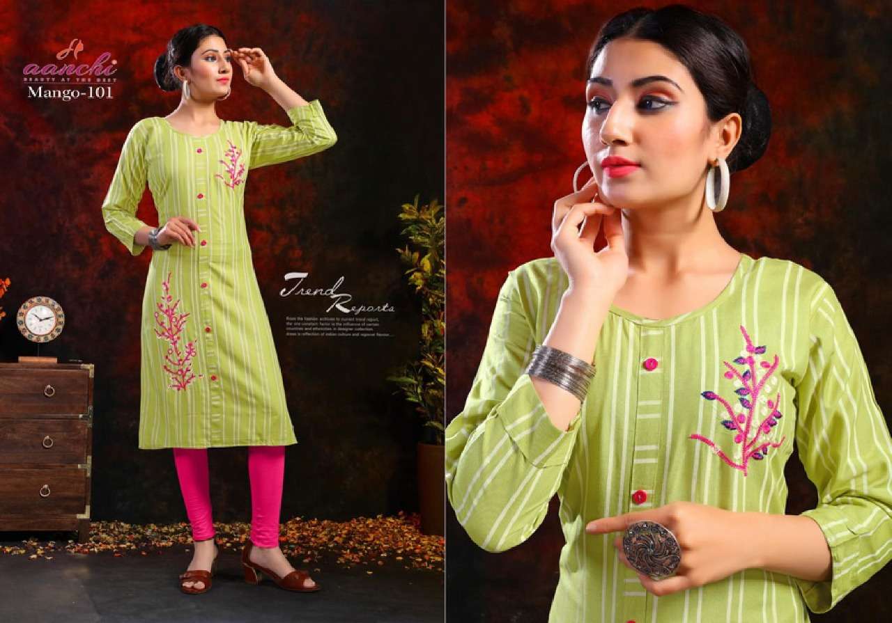 MANGO BY AANCHI 101 TO 108 SERIES BEAUTIFUL STYLISH FANCY COLORFUL CASUAL WEAR & ETHNIC WEAR RAYON PRINTED KURTIS AT WHOLESALE PRICE