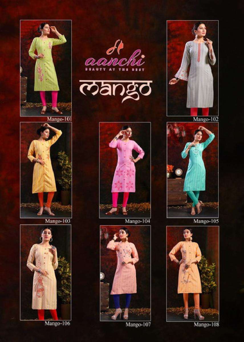 MANGO BY AANCHI 101 TO 108 SERIES BEAUTIFUL STYLISH FANCY COLORFUL CASUAL WEAR & ETHNIC WEAR RAYON PRINTED KURTIS AT WHOLESALE PRICE