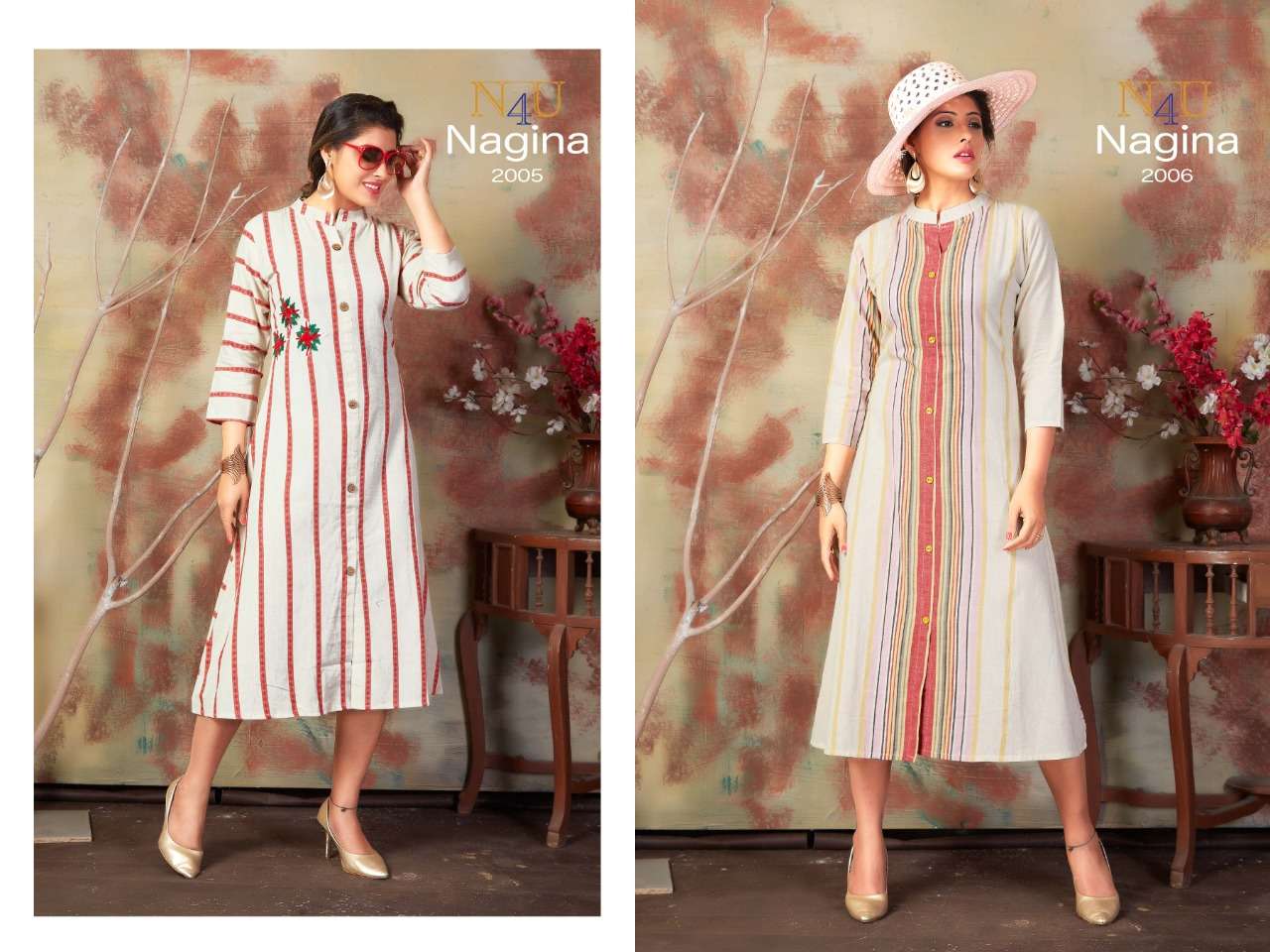 NAGINA BY N4U 2001 TO 2006 SERIES BEAUTIFUL COLORFUL STYLISH FANCY CASUAL WEAR & ETHNIC WEAR & READY TO WEAR KHADI COTTON PRINTED KURTIS AT WHOLESALE PRICE