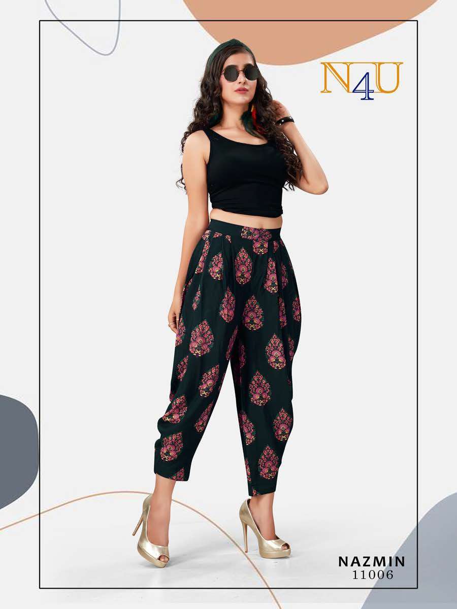 NAZMIN BY N4U 11001 TO 11008 SERIES BEAUTIFUL STYLISH FANCY COLORFUL PARTY WEAR & ETHNIC WEAR RAYON PRINTED DHOTI PANTS AT WHOLESALE PRICE