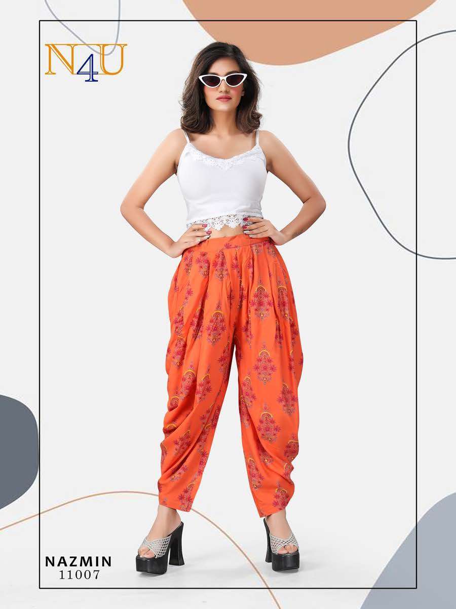 NAZMIN BY N4U 11001 TO 11008 SERIES BEAUTIFUL STYLISH FANCY COLORFUL PARTY WEAR & ETHNIC WEAR RAYON PRINTED DHOTI PANTS AT WHOLESALE PRICE