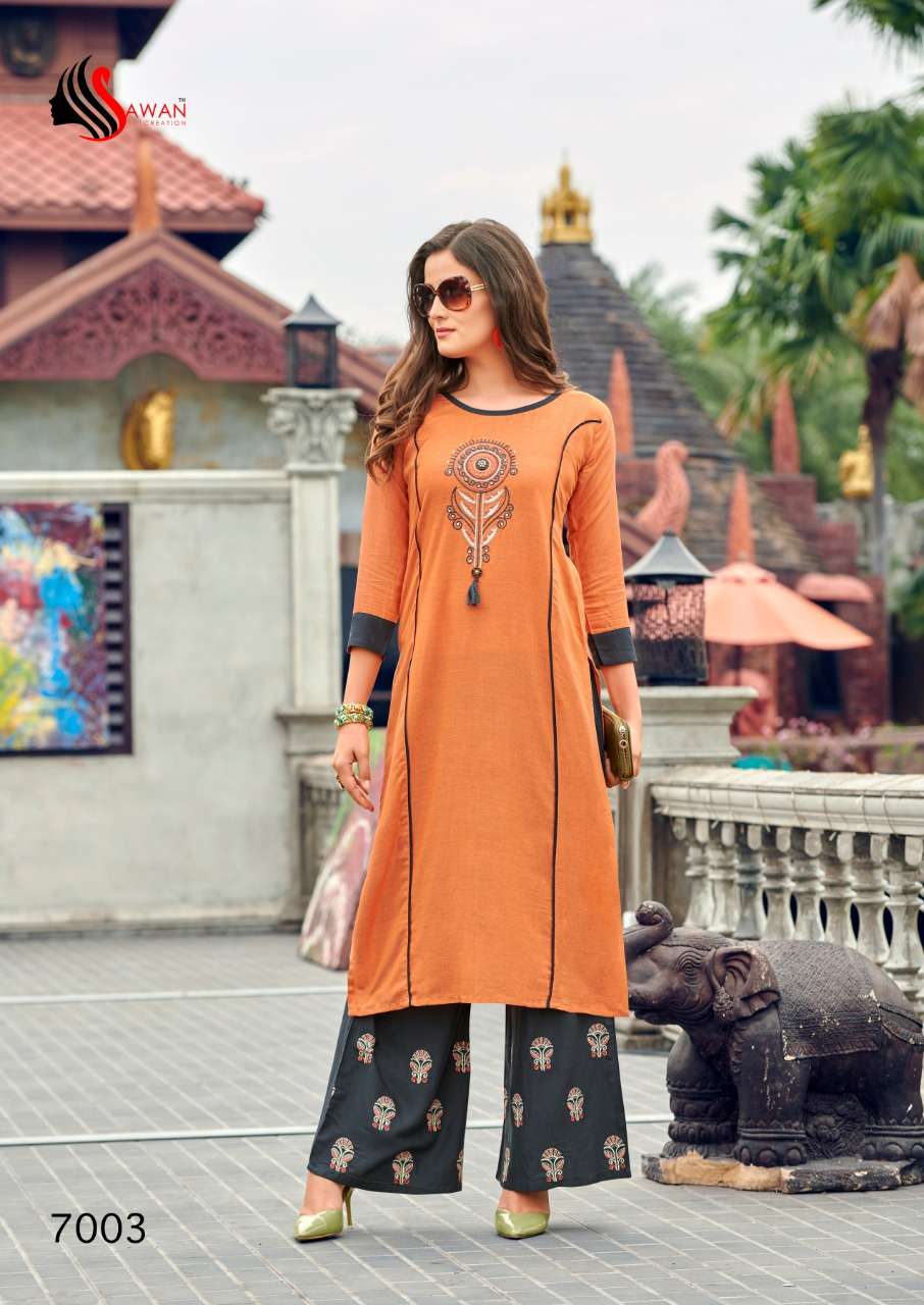 DANI VOL-7 BY SAWAN CREATION 7001 TO 7008 SERIES STYLISH FANCY COLORFUL COLLECTION CASUAL WEAR & ETHNIC WEAR PURE RAYON/LINEN EMBROIDERED KURTIS WITH BOTTOM AT WHOLESALE PRICE