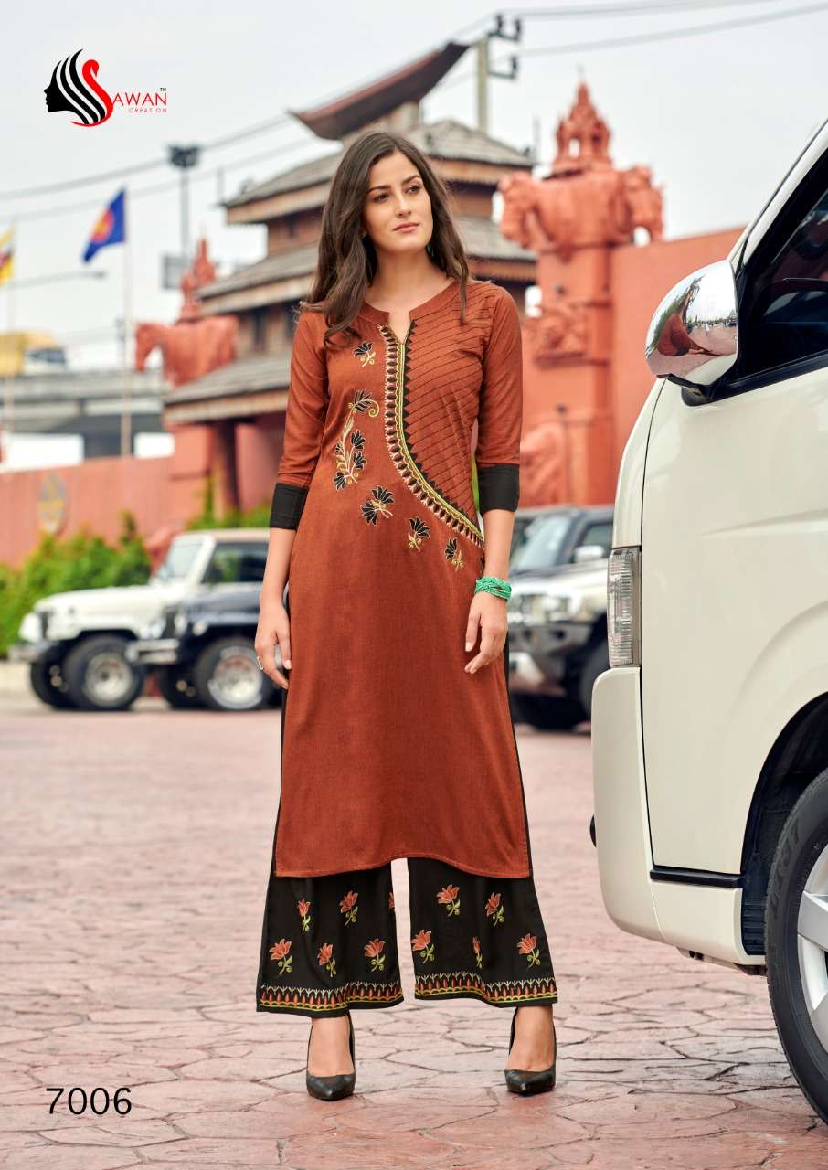 DANI VOL-7 BY SAWAN CREATION 7001 TO 7008 SERIES STYLISH FANCY COLORFUL COLLECTION CASUAL WEAR & ETHNIC WEAR PURE RAYON/LINEN EMBROIDERED KURTIS WITH BOTTOM AT WHOLESALE PRICE