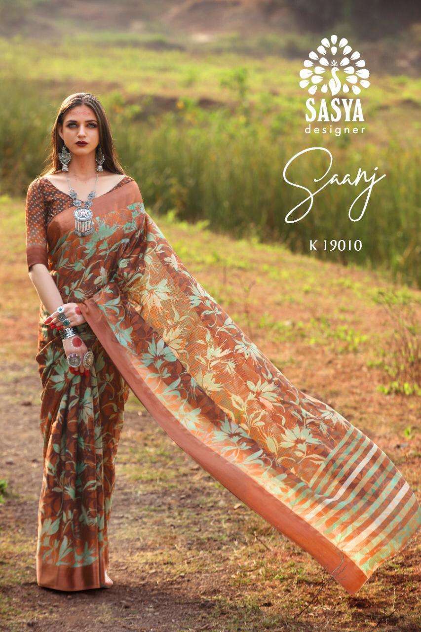 SAANJ BY SASYA DESIGNER 19001 TO 19010 SERIES INDIAN TRADITIONAL WEAR COLLECTION BEAUTIFUL STYLISH FANCY COLORFUL PARTY WEAR & OCCASIONAL WEAR SOFT LINEN SILK SAREES AT WHOLESALE PRICE