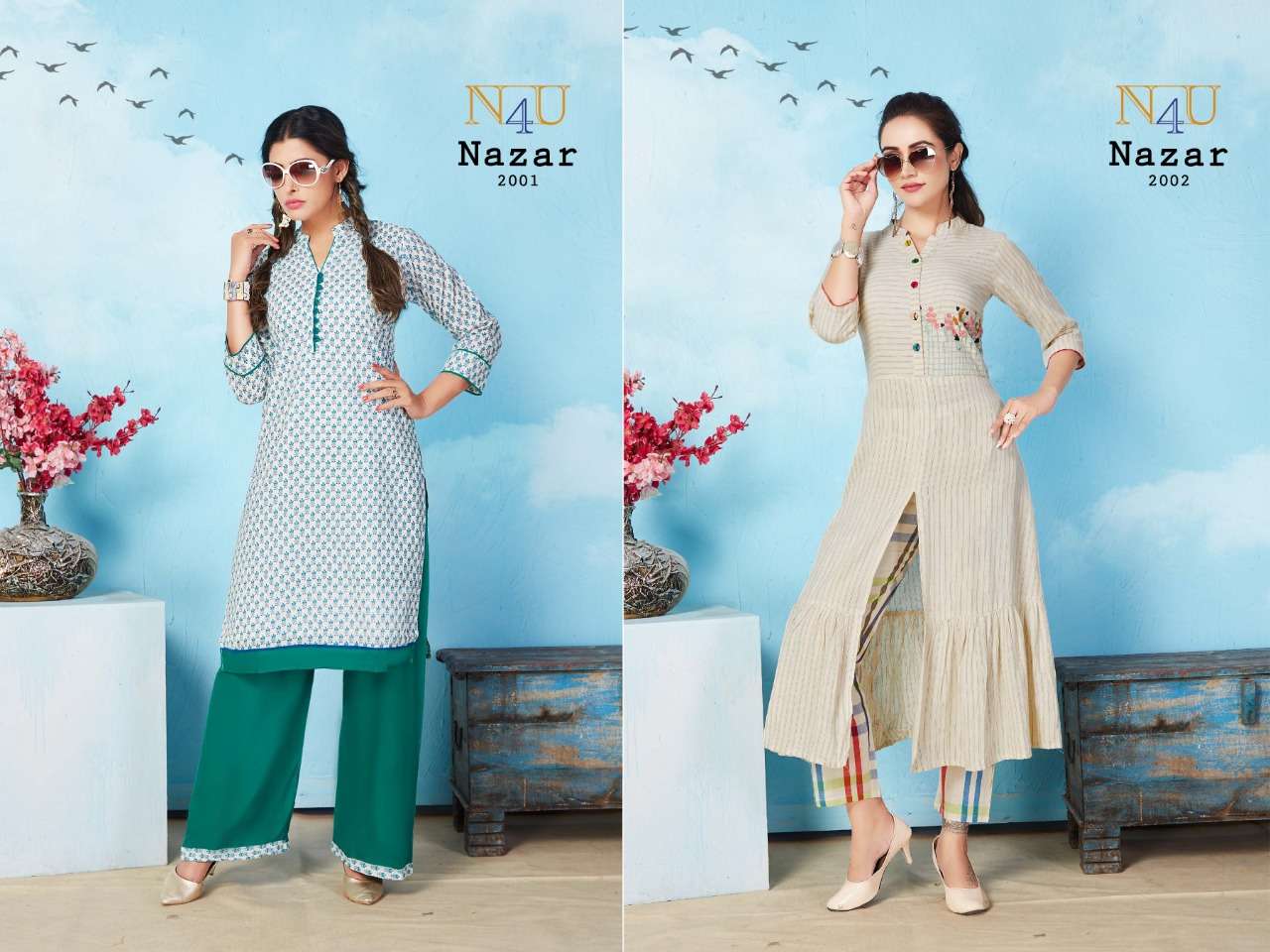 NAZAR BY N4U 2001 TO 2005 SERIES STYLISH FANCY COLORFUL COLLECTION CASUAL WEAR & ETHNIC WEAR PURE KHADI COTTON KURTIS WITH BOTTOM AT WHOLESALE PRICE