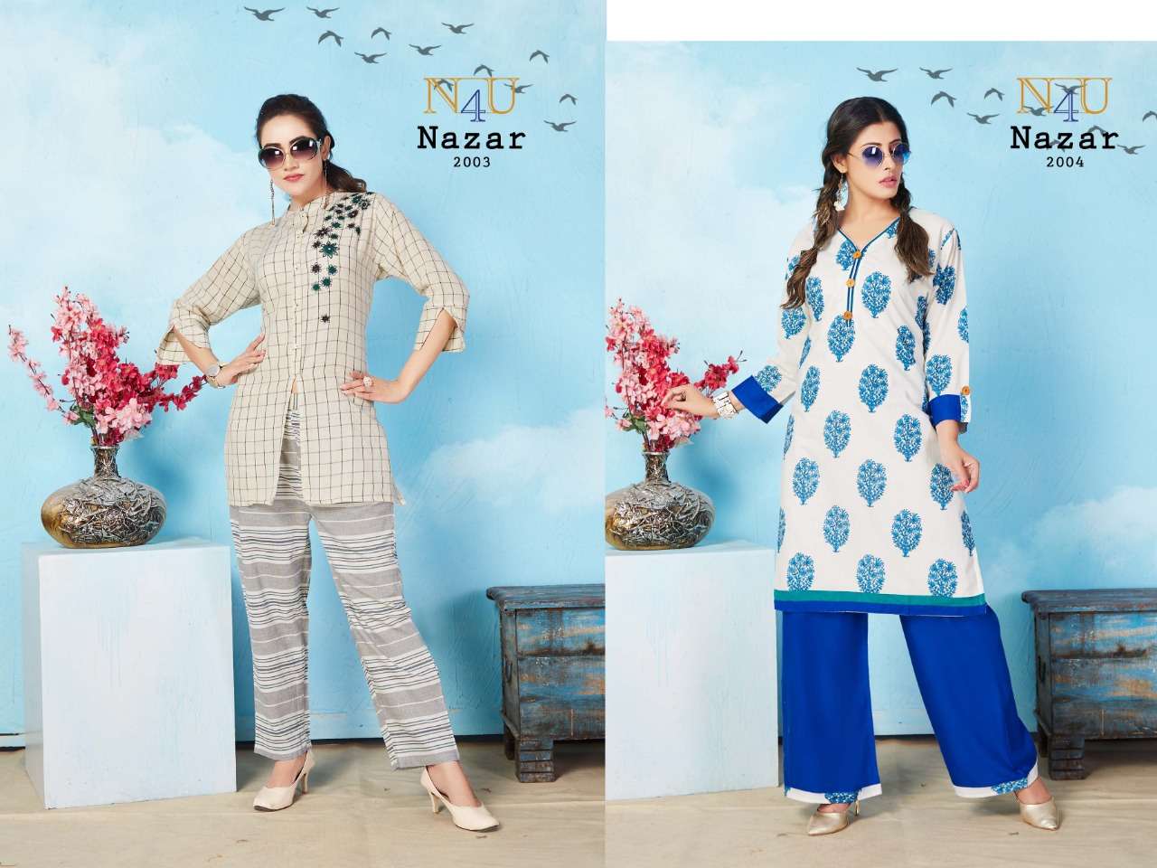 NAZAR BY N4U 2001 TO 2005 SERIES STYLISH FANCY COLORFUL COLLECTION CASUAL WEAR & ETHNIC WEAR PURE KHADI COTTON KURTIS WITH BOTTOM AT WHOLESALE PRICE