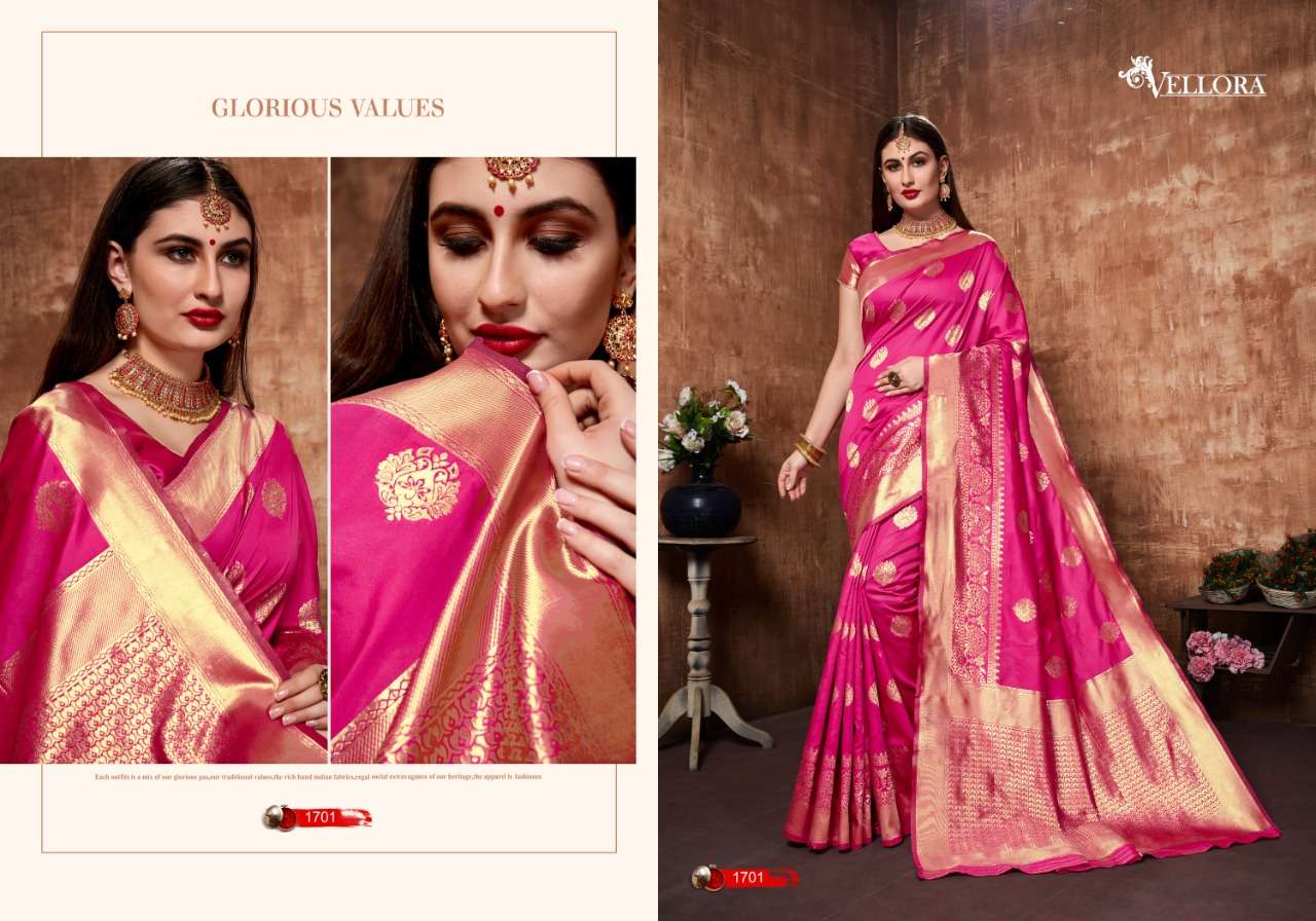 VELLORA SAREES VOL-7 BY VELLORA 1701 TO 1707 SERIES INDIAN TRADITIONAL WEAR COLLECTION BEAUTIFUL STYLISH FANCY COLORFUL PARTY WEAR & OCCASIONAL WEAR BANARASI SILK SAREES AT WHOLESALE PRICE
