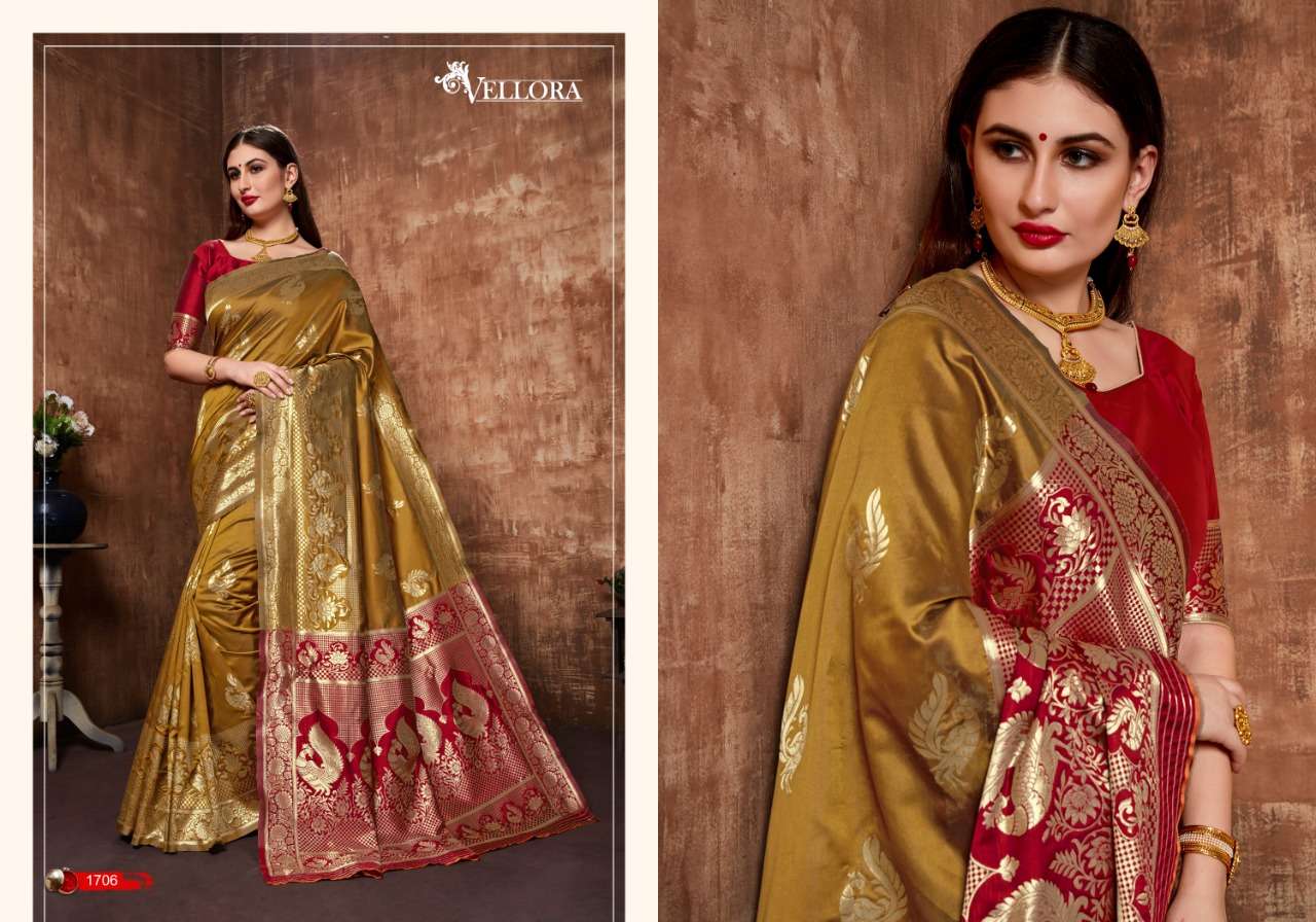VELLORA SAREES VOL-7 BY VELLORA 1701 TO 1707 SERIES INDIAN TRADITIONAL WEAR COLLECTION BEAUTIFUL STYLISH FANCY COLORFUL PARTY WEAR & OCCASIONAL WEAR BANARASI SILK SAREES AT WHOLESALE PRICE