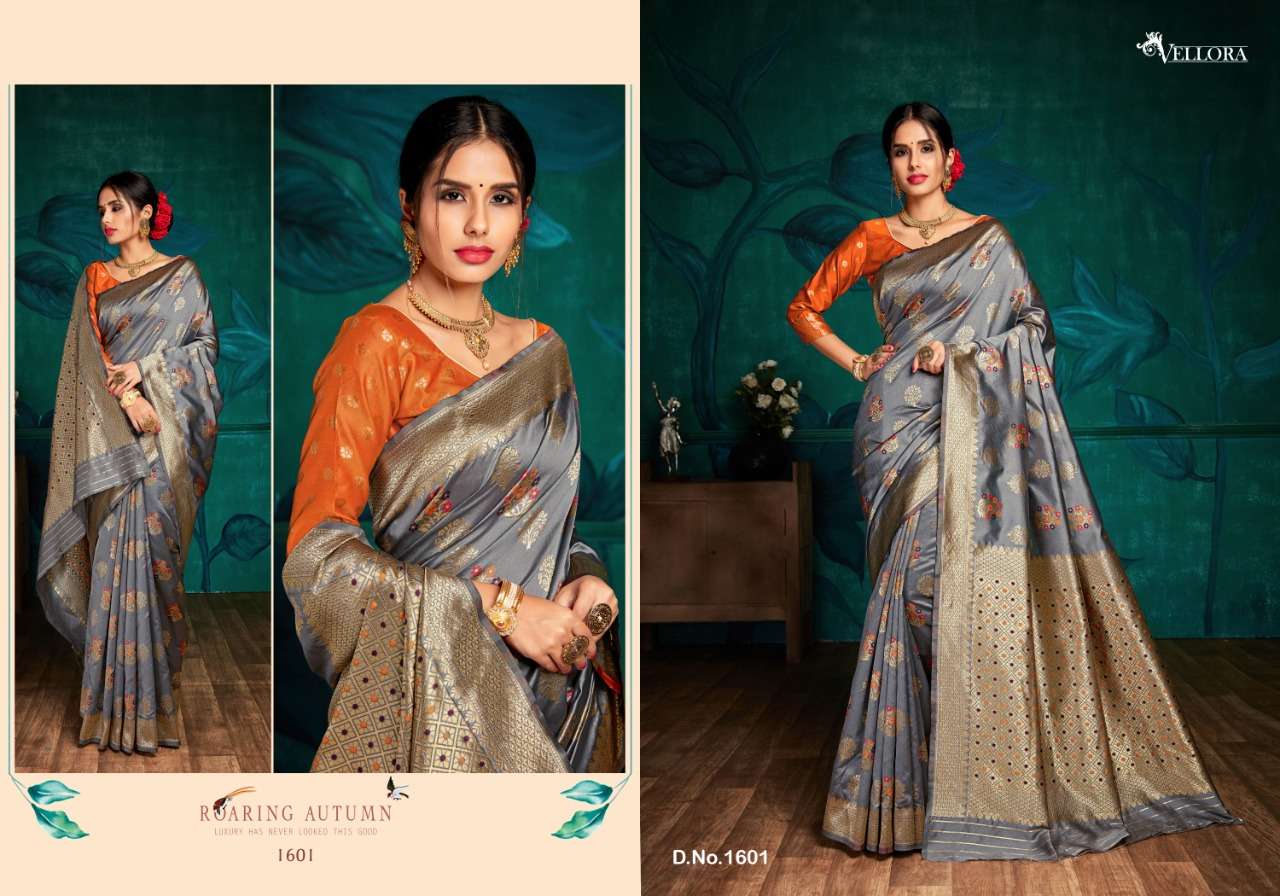 VELLORA SAREES VOL-6 BY VELLORA 1601 TO 1604 SERIES INDIAN TRADITIONAL WEAR COLLECTION BEAUTIFUL STYLISH FANCY COLORFUL PARTY WEAR & OCCASIONAL WEAR BANAARSI SILK SAREES AT WHOLESALE PRICE