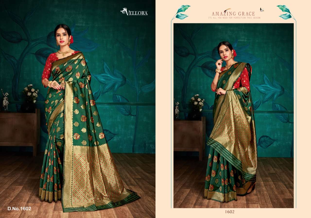 VELLORA SAREES VOL-6 BY VELLORA 1601 TO 1604 SERIES INDIAN TRADITIONAL WEAR COLLECTION BEAUTIFUL STYLISH FANCY COLORFUL PARTY WEAR & OCCASIONAL WEAR BANAARSI SILK SAREES AT WHOLESALE PRICE