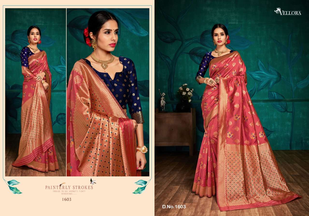 VELLORA SAREES VOL-6 BY VELLORA 1601 TO 1604 SERIES INDIAN TRADITIONAL WEAR COLLECTION BEAUTIFUL STYLISH FANCY COLORFUL PARTY WEAR & OCCASIONAL WEAR BANAARSI SILK SAREES AT WHOLESALE PRICE