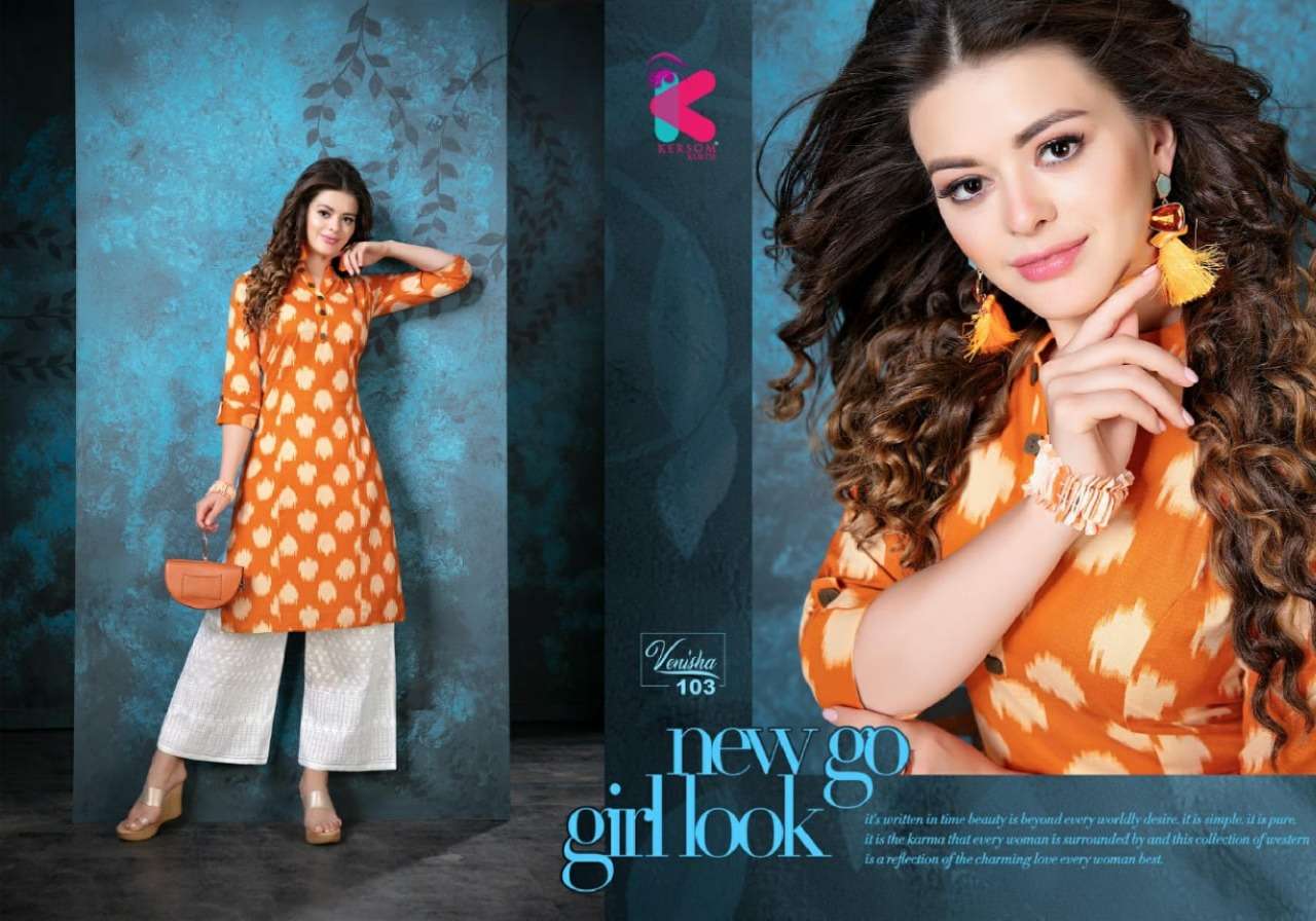 VENISHA BY KERSOM 101 TO 108 SERIES STYLISH FANCY BEAUTIFUL COLORFUL CASUAL WEAR & ETHNIC WEAR LINEN IKAT PRINTED KURTIS AT WHOLESALE PRICE