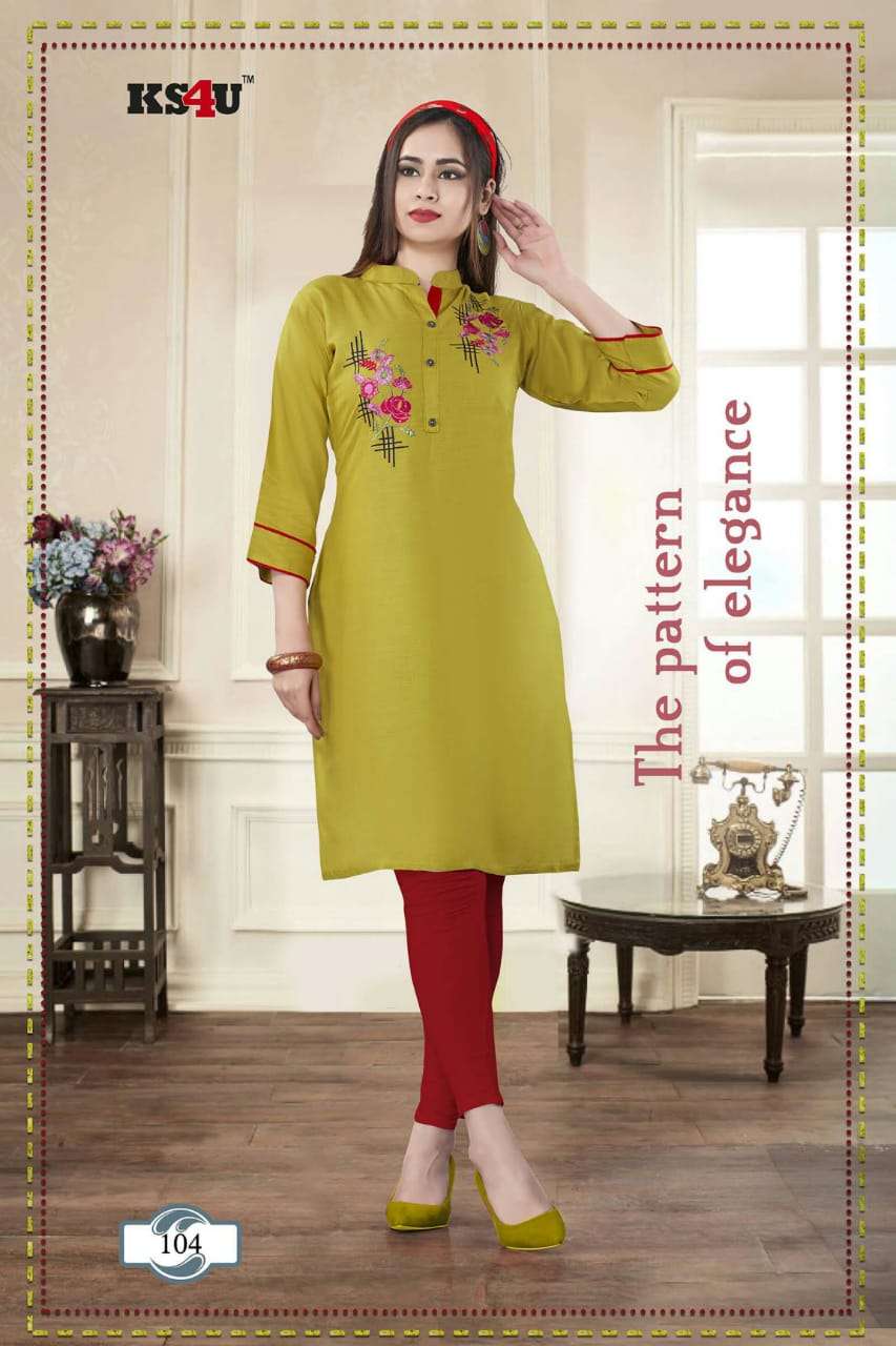 PRATIGYA BY KS4U 101 TO 106 SERIES STYLISH FANCY BEAUTIFUL COLORFUL CASUAL WEAR & ETHNIC WEAR RAYON SLUB EMBROIDERY KURTIS AT WHOLESALE PRICE