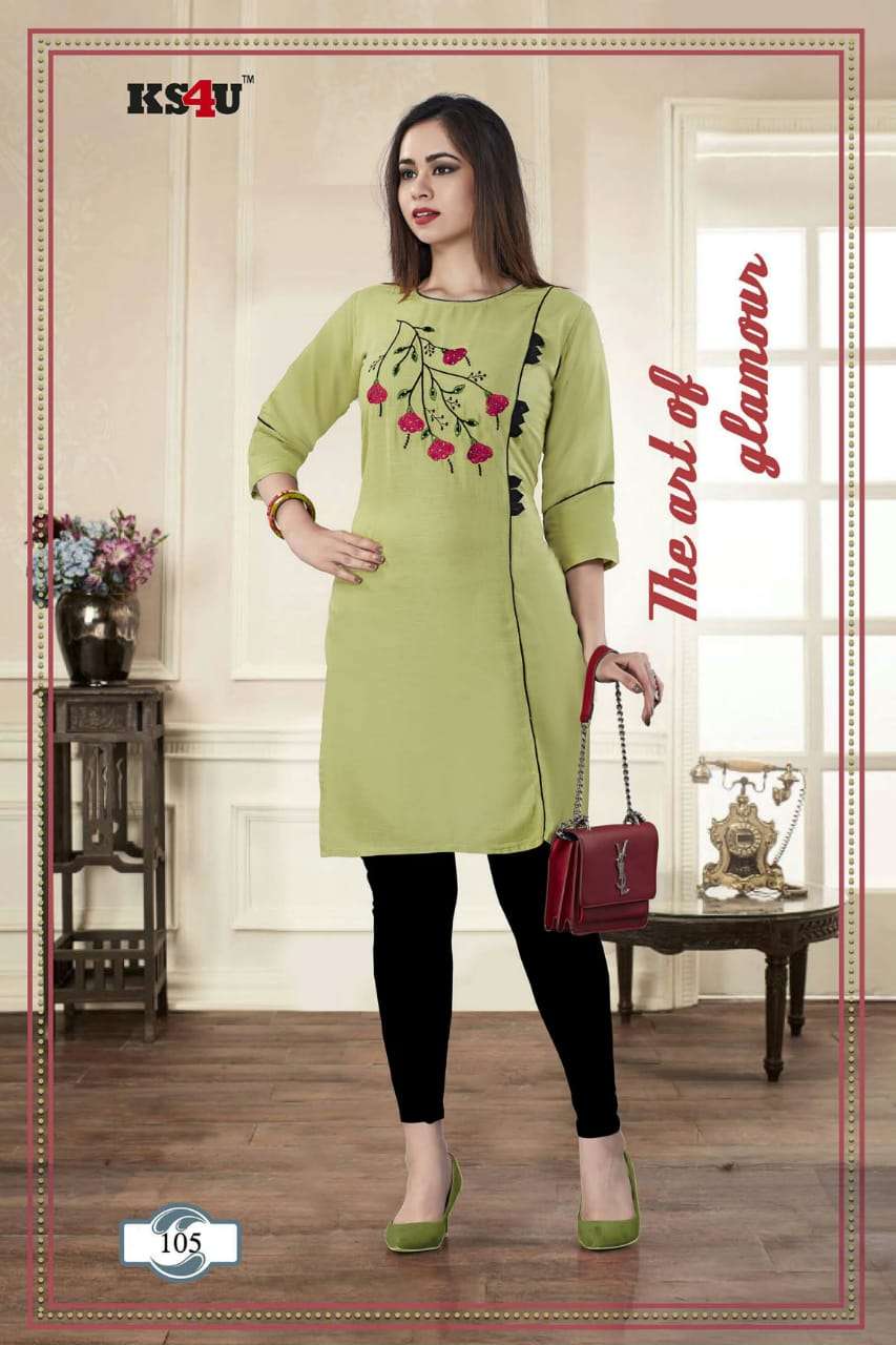 PRATIGYA BY KS4U 101 TO 106 SERIES STYLISH FANCY BEAUTIFUL COLORFUL CASUAL WEAR & ETHNIC WEAR RAYON SLUB EMBROIDERY KURTIS AT WHOLESALE PRICE