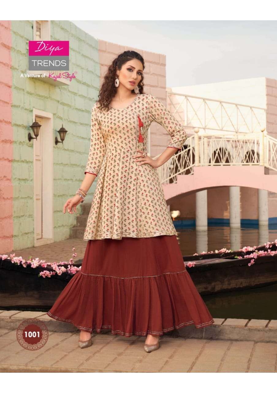 FLORENCE VOL-1 BY DIYA TRENDS 1001 TO 1012 SERIES STYLISH FANCY BEAUTIFUL COLORFUL CASUAL WEAR & ETHNIC WEAR AYON PRINTED KURTIS WITH BOTTOM AT WHOLESALE PRICE