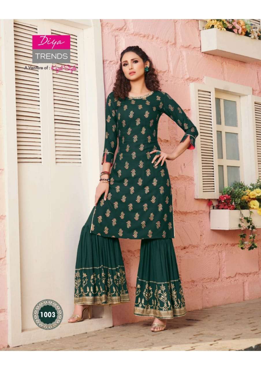 FLORENCE VOL-1 BY DIYA TRENDS 1001 TO 1012 SERIES STYLISH FANCY BEAUTIFUL COLORFUL CASUAL WEAR & ETHNIC WEAR AYON PRINTED KURTIS WITH BOTTOM AT WHOLESALE PRICE