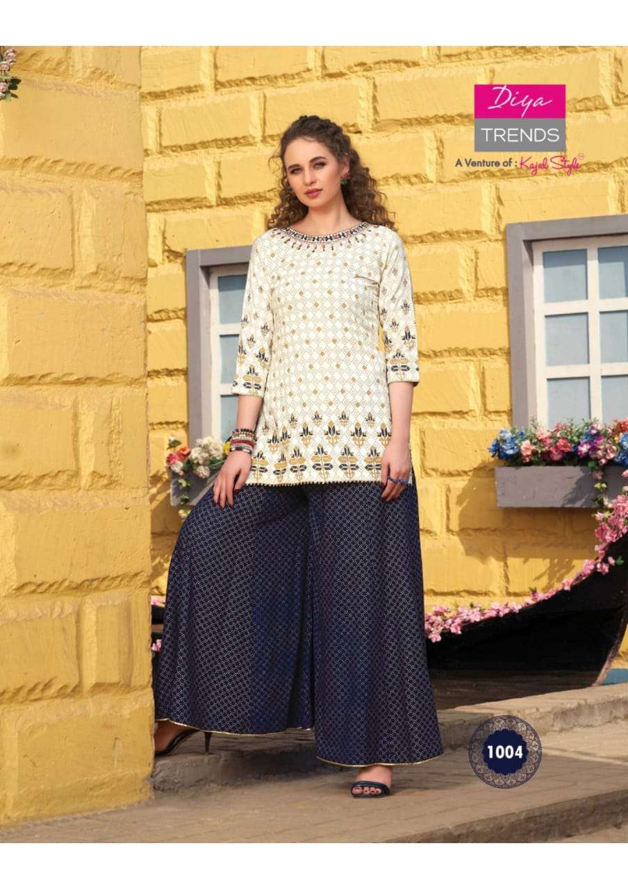 FLORENCE VOL-1 BY DIYA TRENDS 1001 TO 1012 SERIES STYLISH FANCY BEAUTIFUL COLORFUL CASUAL WEAR & ETHNIC WEAR AYON PRINTED KURTIS WITH BOTTOM AT WHOLESALE PRICE