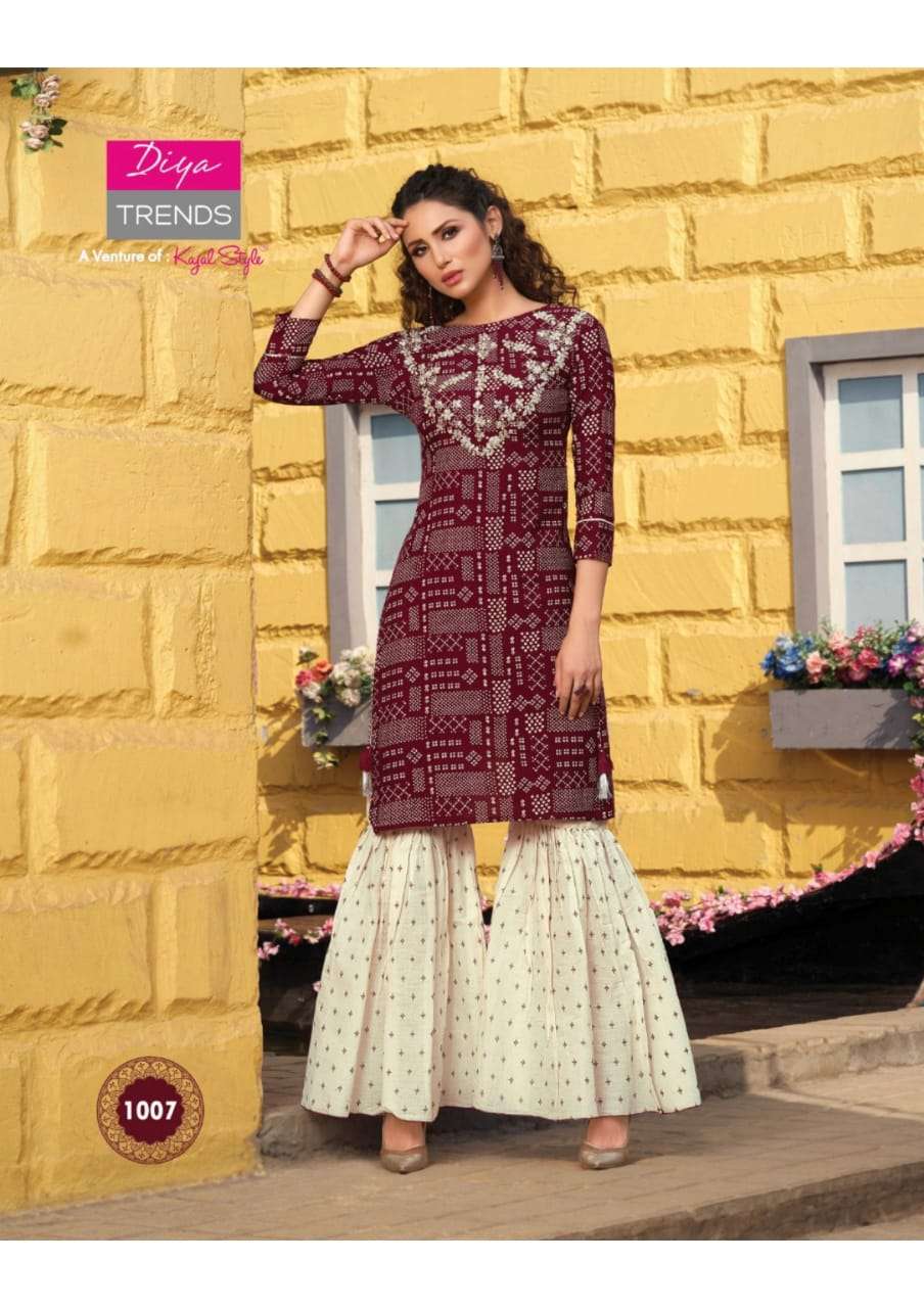 FLORENCE VOL-1 BY DIYA TRENDS 1001 TO 1012 SERIES STYLISH FANCY BEAUTIFUL COLORFUL CASUAL WEAR & ETHNIC WEAR AYON PRINTED KURTIS WITH BOTTOM AT WHOLESALE PRICE