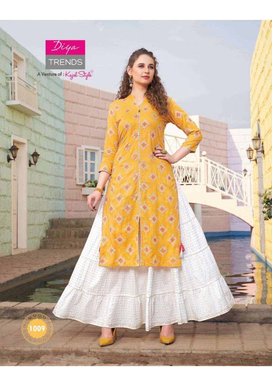 FLORENCE VOL-1 BY DIYA TRENDS 1001 TO 1012 SERIES STYLISH FANCY BEAUTIFUL COLORFUL CASUAL WEAR & ETHNIC WEAR AYON PRINTED KURTIS WITH BOTTOM AT WHOLESALE PRICE