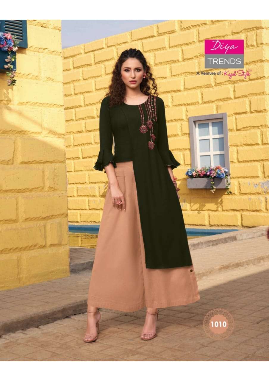 FLORENCE VOL-1 BY DIYA TRENDS 1001 TO 1012 SERIES STYLISH FANCY BEAUTIFUL COLORFUL CASUAL WEAR & ETHNIC WEAR AYON PRINTED KURTIS WITH BOTTOM AT WHOLESALE PRICE