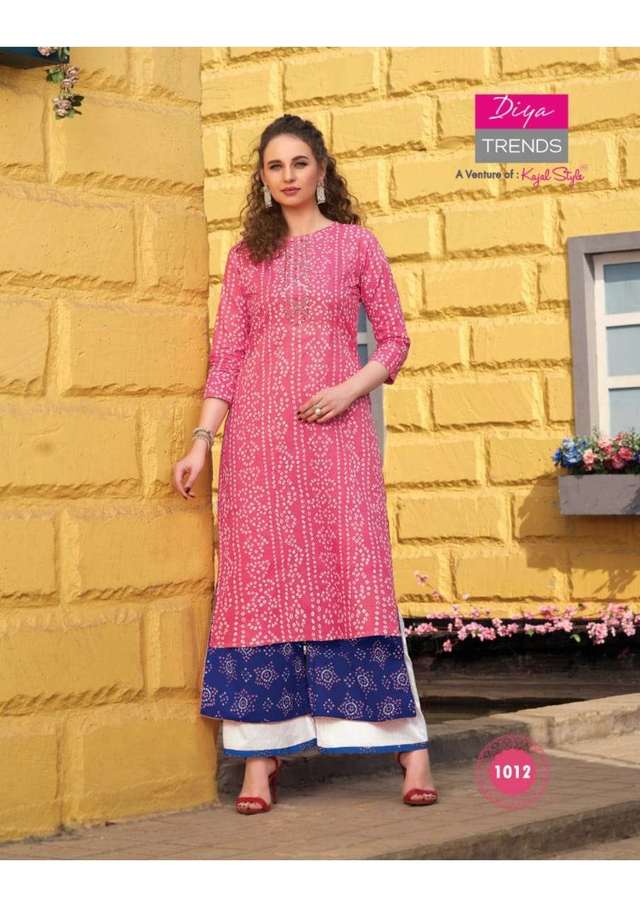 FLORENCE VOL-1 BY DIYA TRENDS 1001 TO 1012 SERIES STYLISH FANCY BEAUTIFUL COLORFUL CASUAL WEAR & ETHNIC WEAR AYON PRINTED KURTIS WITH BOTTOM AT WHOLESALE PRICE