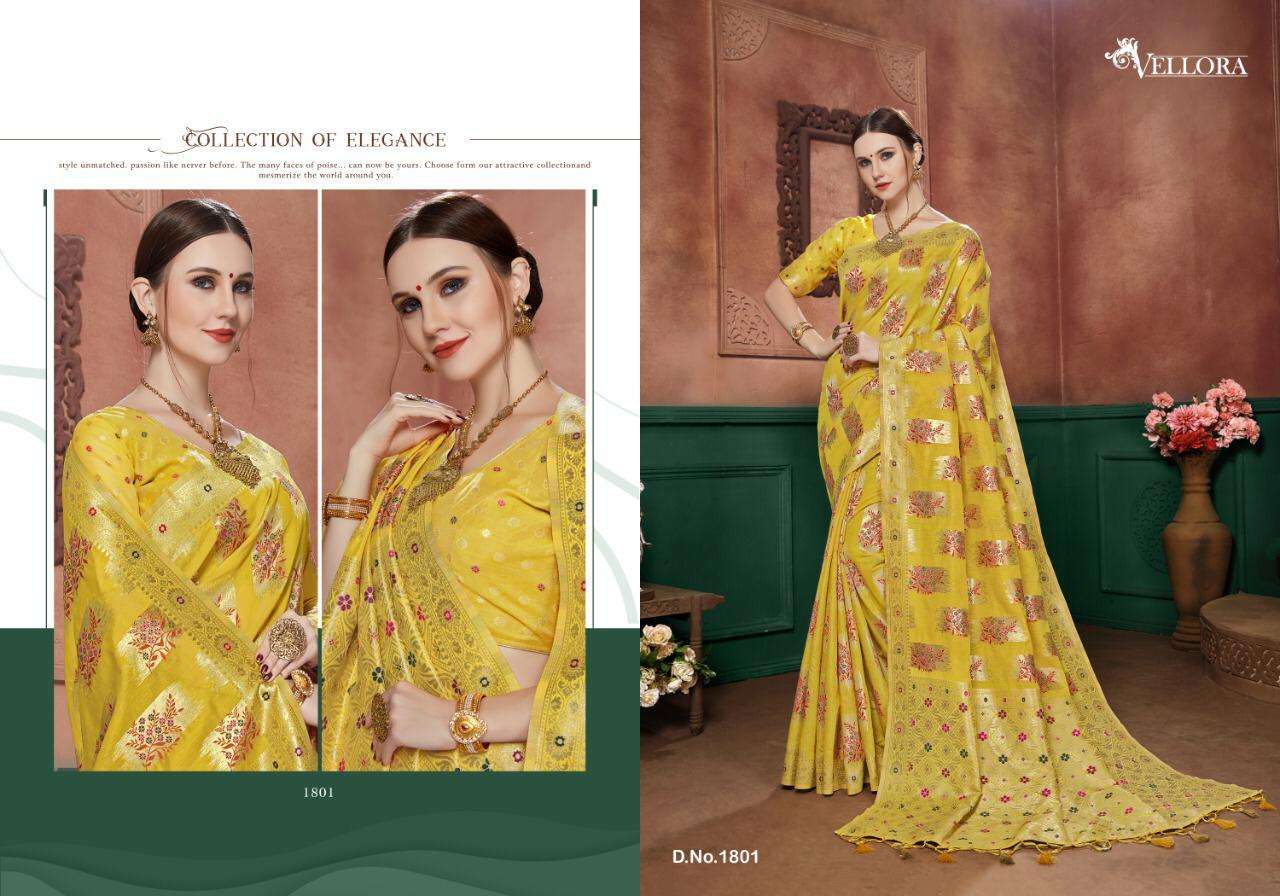VELLORA SAREES VOL-8 BY VELLORA 1801 TO 1807 SERIES INDIAN TRADITIONAL WEAR COLLECTION BEAUTIFUL STYLISH FANCY COLORFUL PARTY WEAR & OCCASIONAL WEAR BANARASI COTTON SILK SAREES AT WHOLESALE PRICE