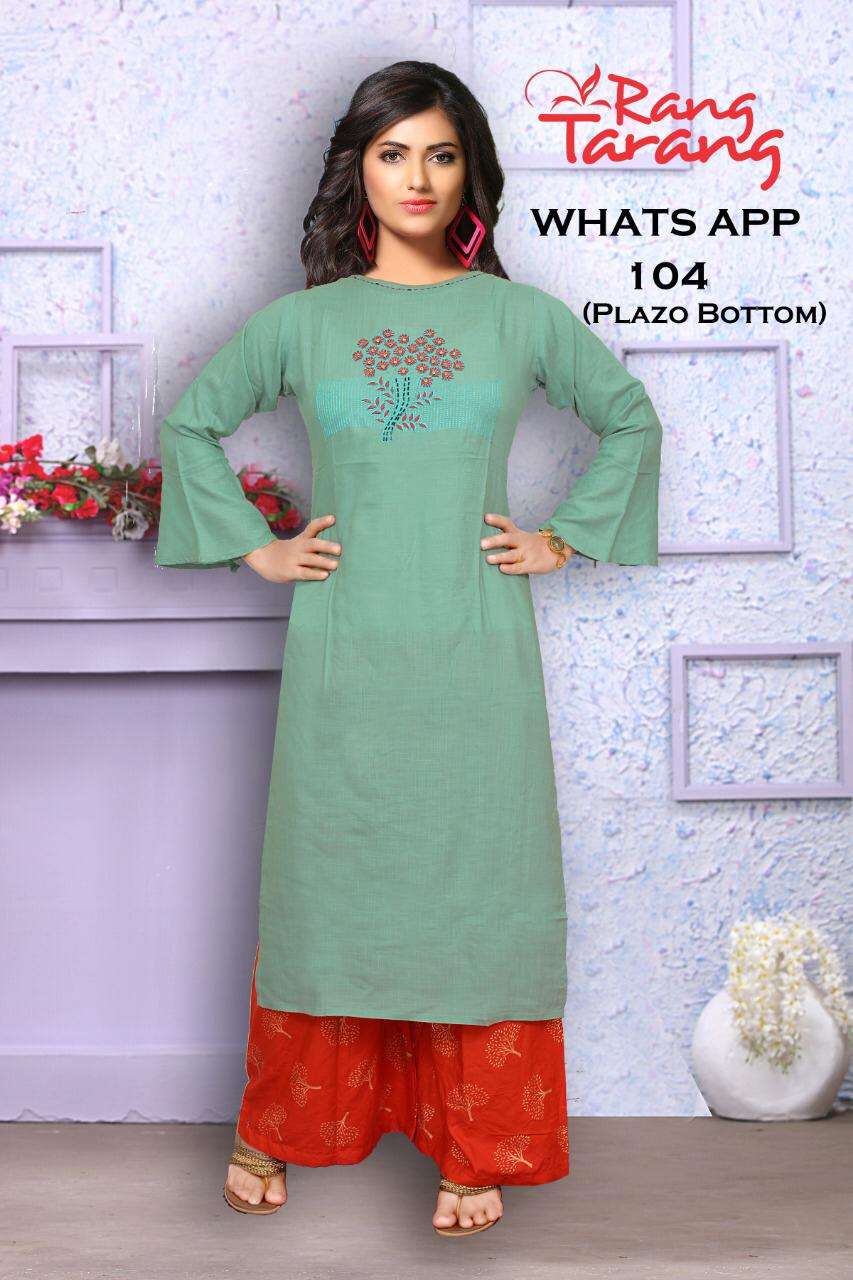 WHATS APP BY RANG TRANG 101 TO 109 SERIES BEAUTIFUL STYLISH FANCY COLORFUL CASUAL WEAR & ETHNIC WEAR & READY TO WEAR RAYON SLUB WITH EMBROIDERY KURTIS AT WHOLESALE PRICE