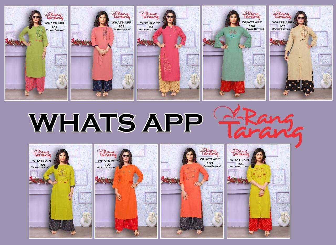 WHATS APP BY RANG TRANG 101 TO 109 SERIES BEAUTIFUL STYLISH FANCY COLORFUL CASUAL WEAR & ETHNIC WEAR & READY TO WEAR RAYON SLUB WITH EMBROIDERY KURTIS AT WHOLESALE PRICE