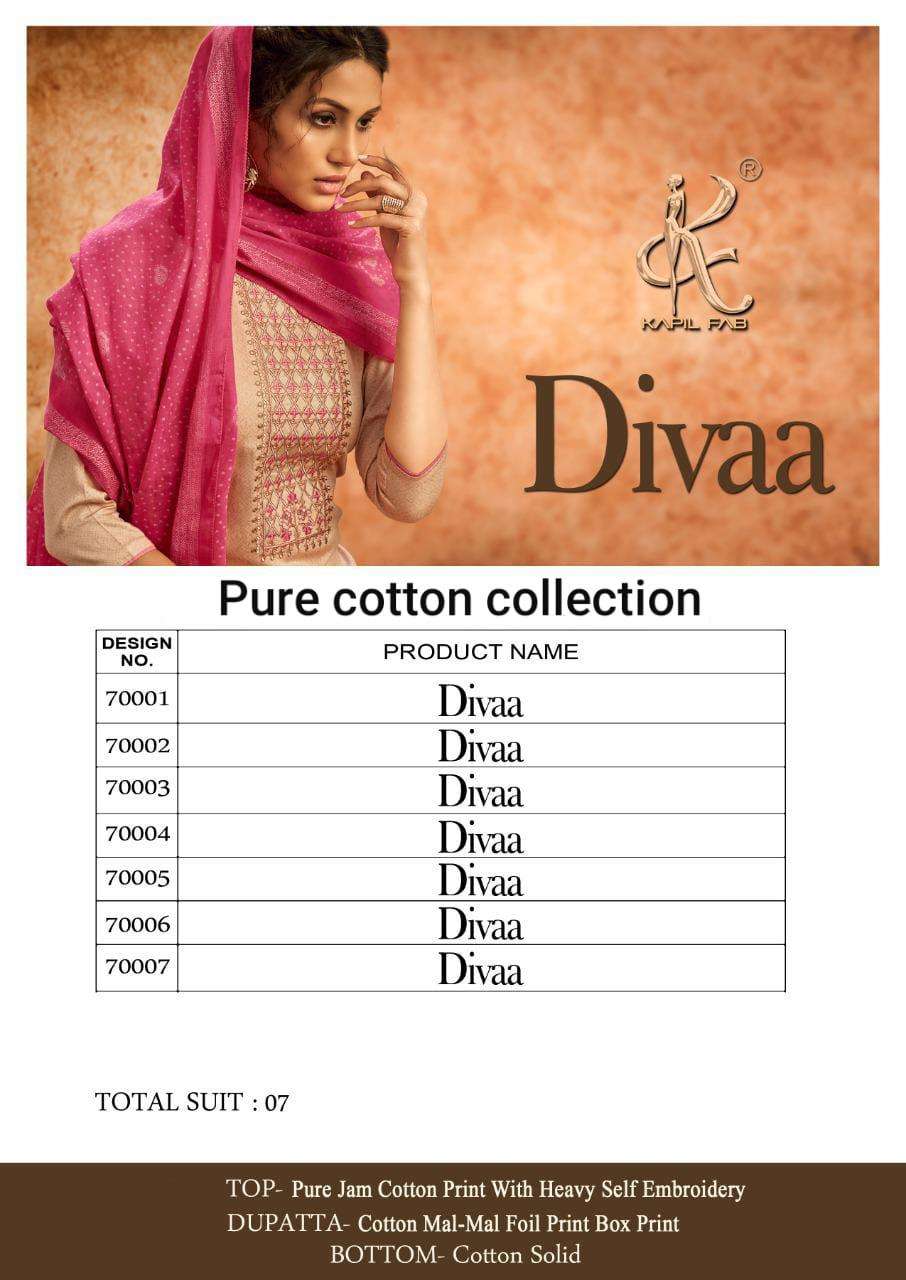 DIVAA BY KAPIL FAB 70001 TO 70007 SERIES BEAUTIFUL STYLISH SHARARA SUITS FANCY COLORFUL CASUAL WEAR & ETHNIC WEAR & READY TO WEAR PURE JAM COTTON PRINTED DRESSES AT WHOLESALE PRICE
