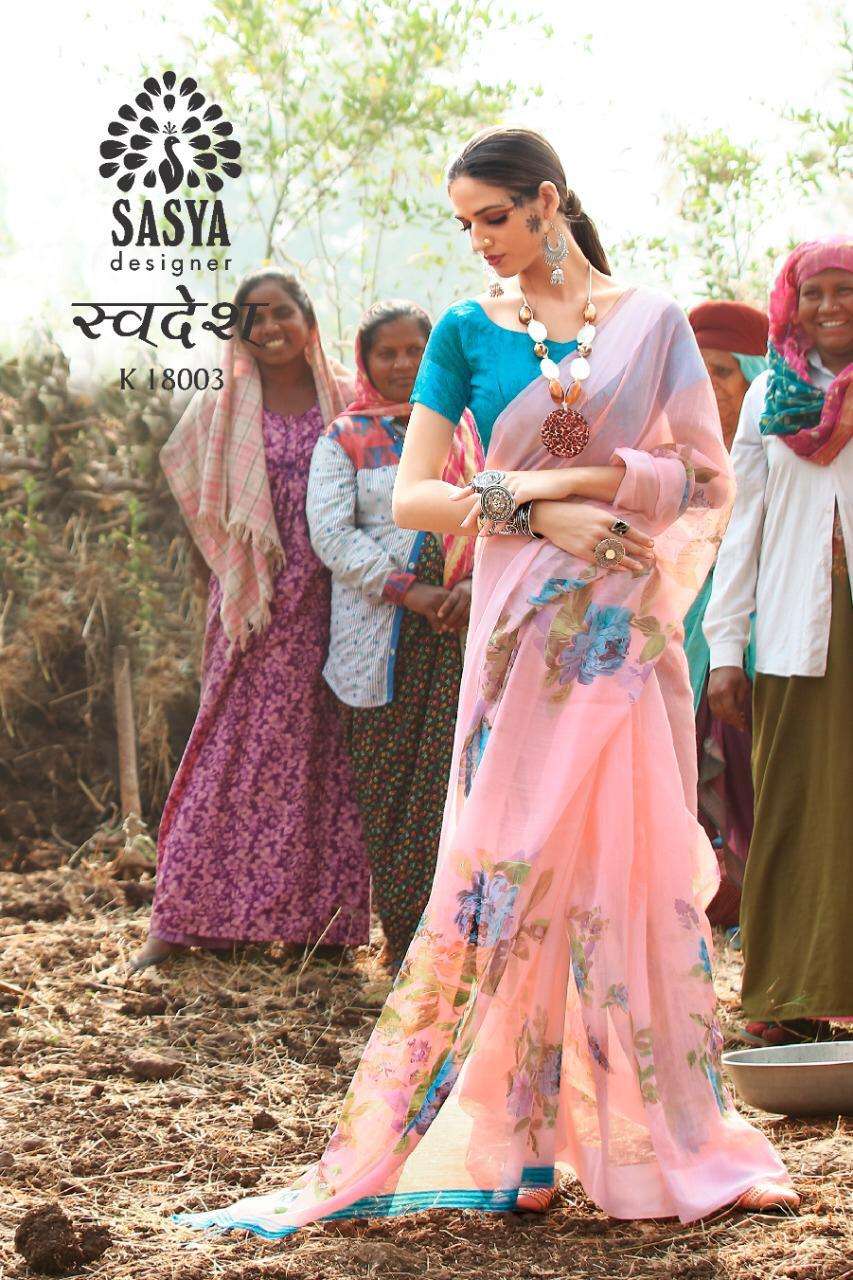 SWADESH BY SASYA DESIGNER 18001 TO 18010 SERIES INDIAN TRADITIONAL WEAR COLLECTION BEAUTIFUL STYLISH FANCY COLORFUL PARTY WEAR & OCCASIONAL WEAR LINEN SILK SAREES AT WHOLESALE PRICE