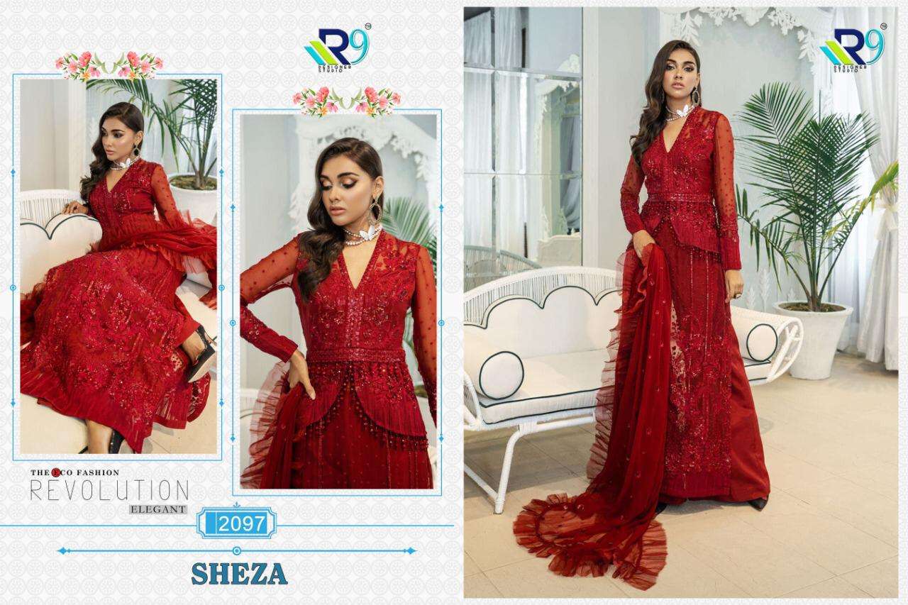 SHEZA BY R9 2095 TO 2097 SERIES BEAUTIFUL PAKISTANI SUITS COLORFUL STYLISH FANCY CASUAL WEAR & ETHNIC WEAR HEAVY NET WITH EMBROIDERY DRESSES AT WHOLESALE PRICE