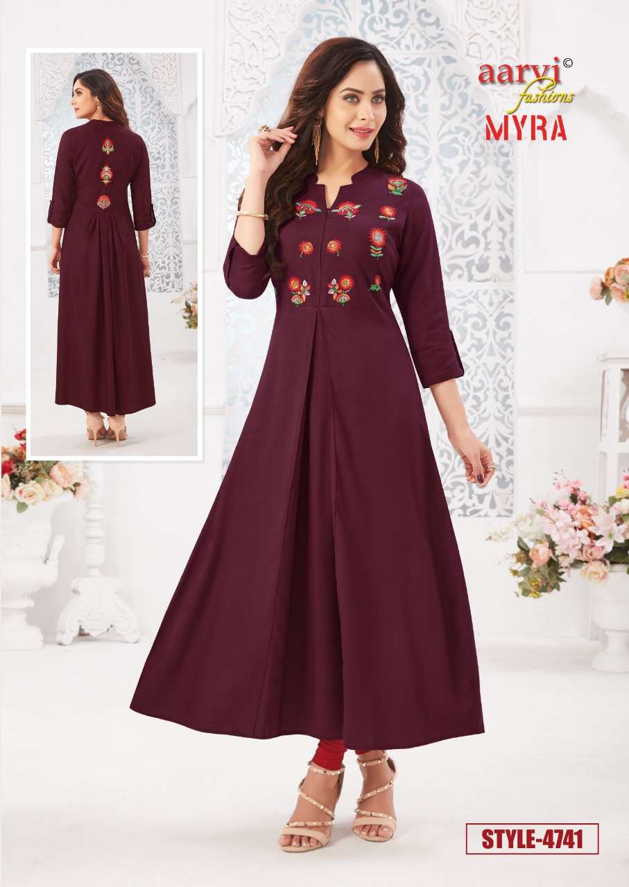 MYRA VOL-5 BY AARVI FASHION 4741 TO 4747 SERIES DESIGNER BEAUTIFUL STYLISH FANCY COLORFUL PARTY WEAR & OCCASIONAL WEAR RAYON SLUB WITH EMBROIDERED GOWNS AT WHOLESALE PRICE