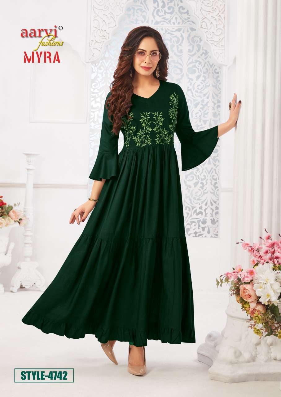 MYRA VOL-5 BY AARVI FASHION 4741 TO 4747 SERIES DESIGNER BEAUTIFUL STYLISH FANCY COLORFUL PARTY WEAR & OCCASIONAL WEAR RAYON SLUB WITH EMBROIDERED GOWNS AT WHOLESALE PRICE
