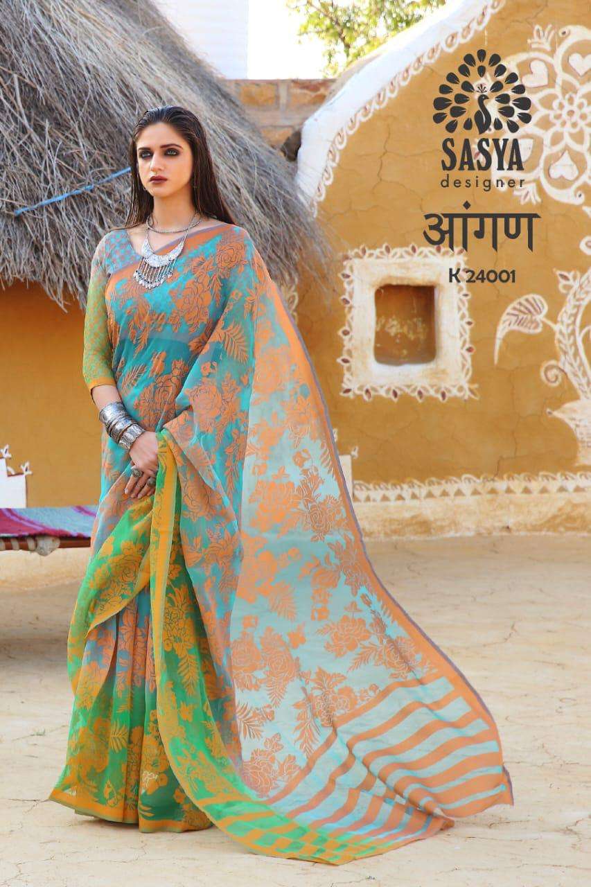 AANGAN BY SASYA DESIGNER 24001 TO 24010 SERIES INDIAN TRADITIONAL WEAR COLLECTION BEAUTIFUL STYLISH FANCY COLORFUL PARTY WEAR & OCCASIONAL WEAR BRASSO SAREES AT WHOLESALE PRICE
