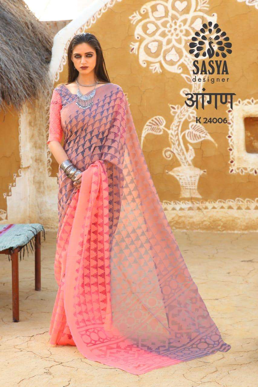 AANGAN BY SASYA DESIGNER 24001 TO 24010 SERIES INDIAN TRADITIONAL WEAR COLLECTION BEAUTIFUL STYLISH FANCY COLORFUL PARTY WEAR & OCCASIONAL WEAR BRASSO SAREES AT WHOLESALE PRICE