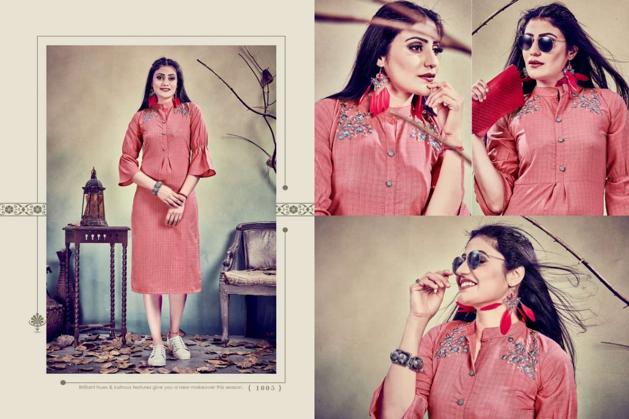 REENAZ BY CYGNUS 1001 TO 1006 SERIES STYLISH FANCY BEAUTIFUL COLORFUL CASUAL WEAR & ETHNIC WEAR FANCY EMBROIDERY KURTIS AT WHOLESALE PRICE