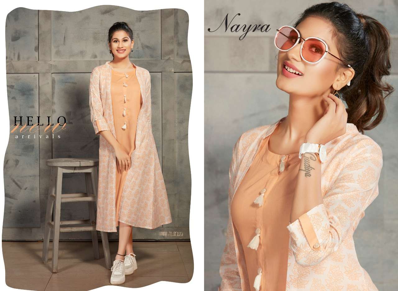 DAIRY MILK BY NAYRA 1001 TO 1008 SERIES BEAUTIFUL COLORFUL STYLISH FANCY CASUAL WEAR & ETHNIC WEAR & READY TO WEAR RAYON KURTIS WITH SHRUG AT WHOLESALE PRICE