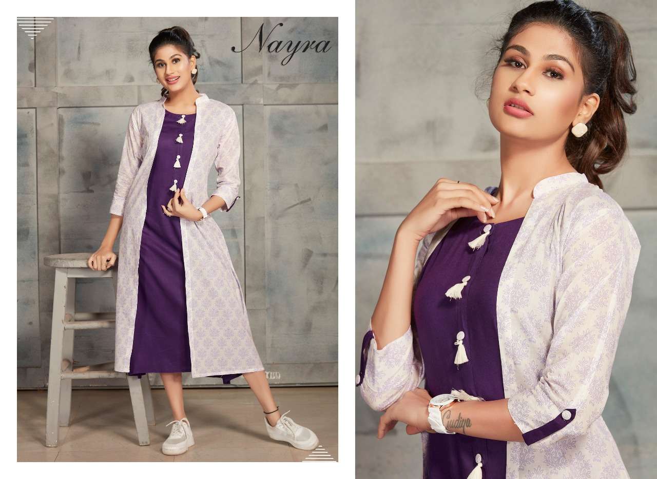 DAIRY MILK BY NAYRA 1001 TO 1008 SERIES BEAUTIFUL COLORFUL STYLISH FANCY CASUAL WEAR & ETHNIC WEAR & READY TO WEAR RAYON KURTIS WITH SHRUG AT WHOLESALE PRICE