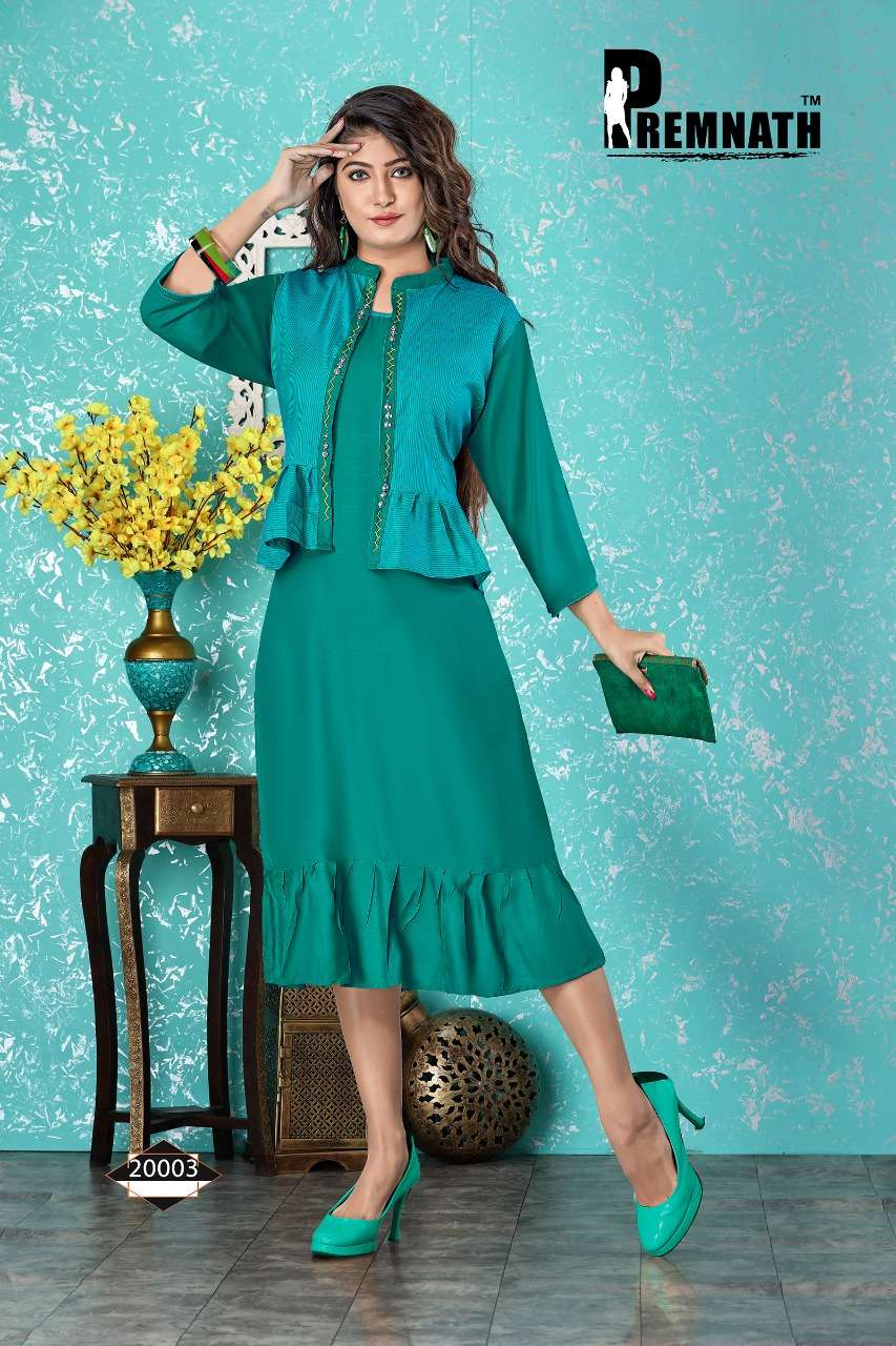 PARADISE VOL-2 BY PREMNATH 20001 TO 20006 SERIES BEAUTIFUL COLORFUL STYLISH FANCY CASUAL WEAR & ETHNIC WEAR & READY TO WEAR RAYON DYED PRINTED KURTIS WITH SHRUG AT WHOLESALE PRICE